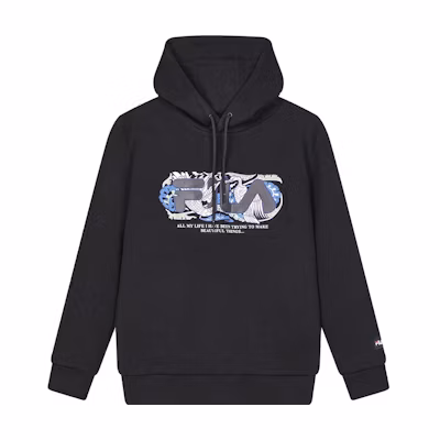 FILA V&A Morgan Series Black Vintage Hoodie with Floral Bird Logo Print F11M418207F-BK