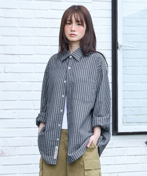 Shop Filluminate Seersucker Stripe Shirt - Navy FBEUUSH156NY