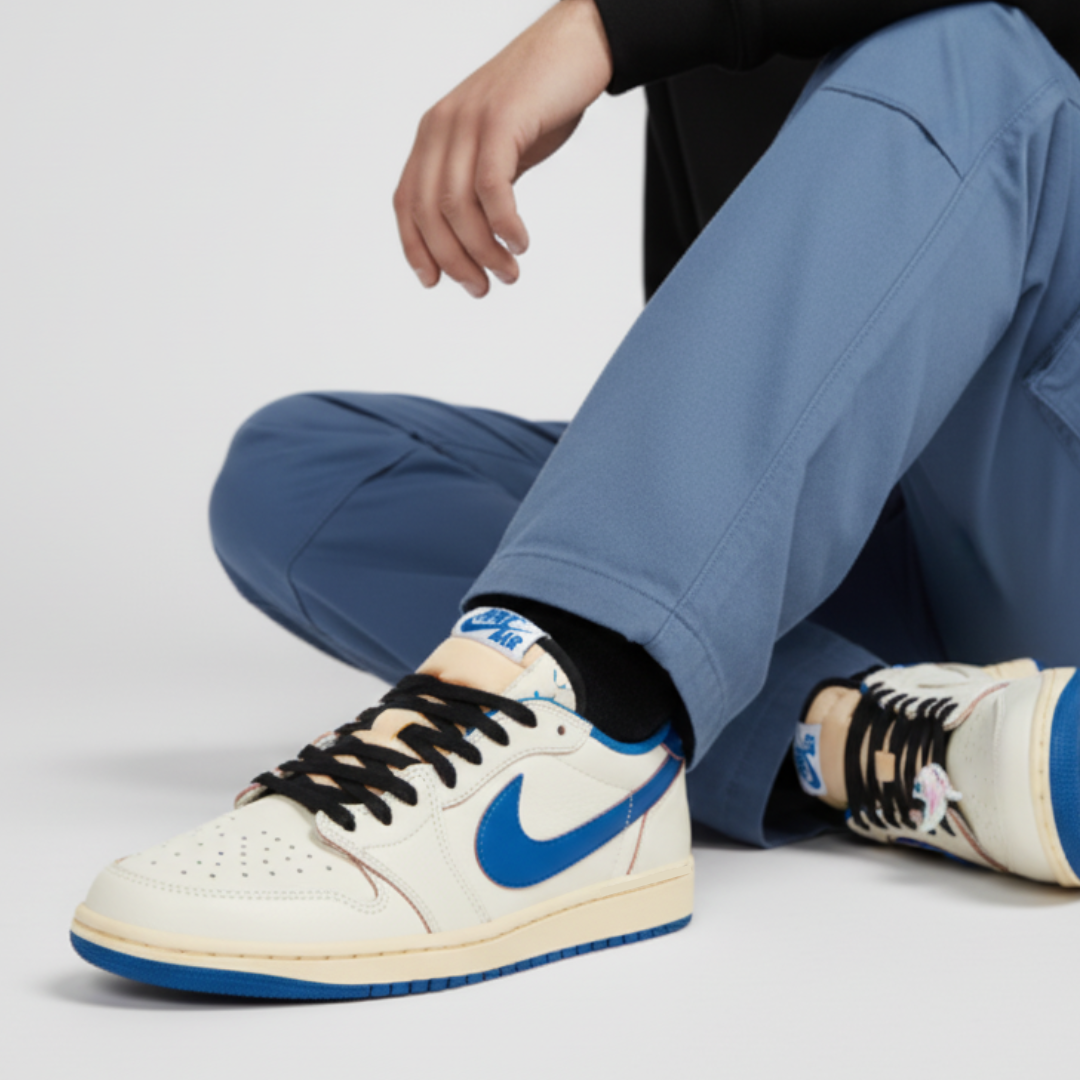 Order 프래그먼트 디자인 x 트래비스 스캇 x 에어 조던 1 레트로 로우 '밀리터리 블루' DM7866-104