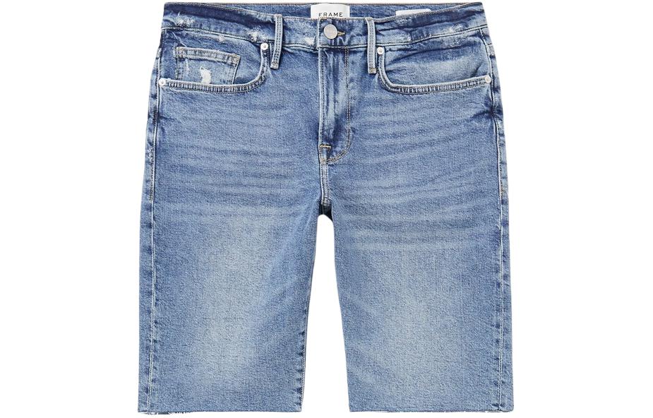 FRAME Washed Distressed Straight Denim Shorts Blue JVM1670827675035