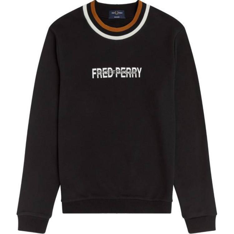 FRED PERRY Black Crewneck Letter Print Pullover Sweatshirt . M2827-102