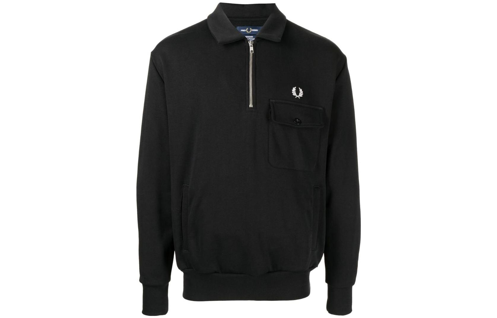 FRED PERRY Black Half-Zip Pullover Sweatshirt with Plain Design. M3835