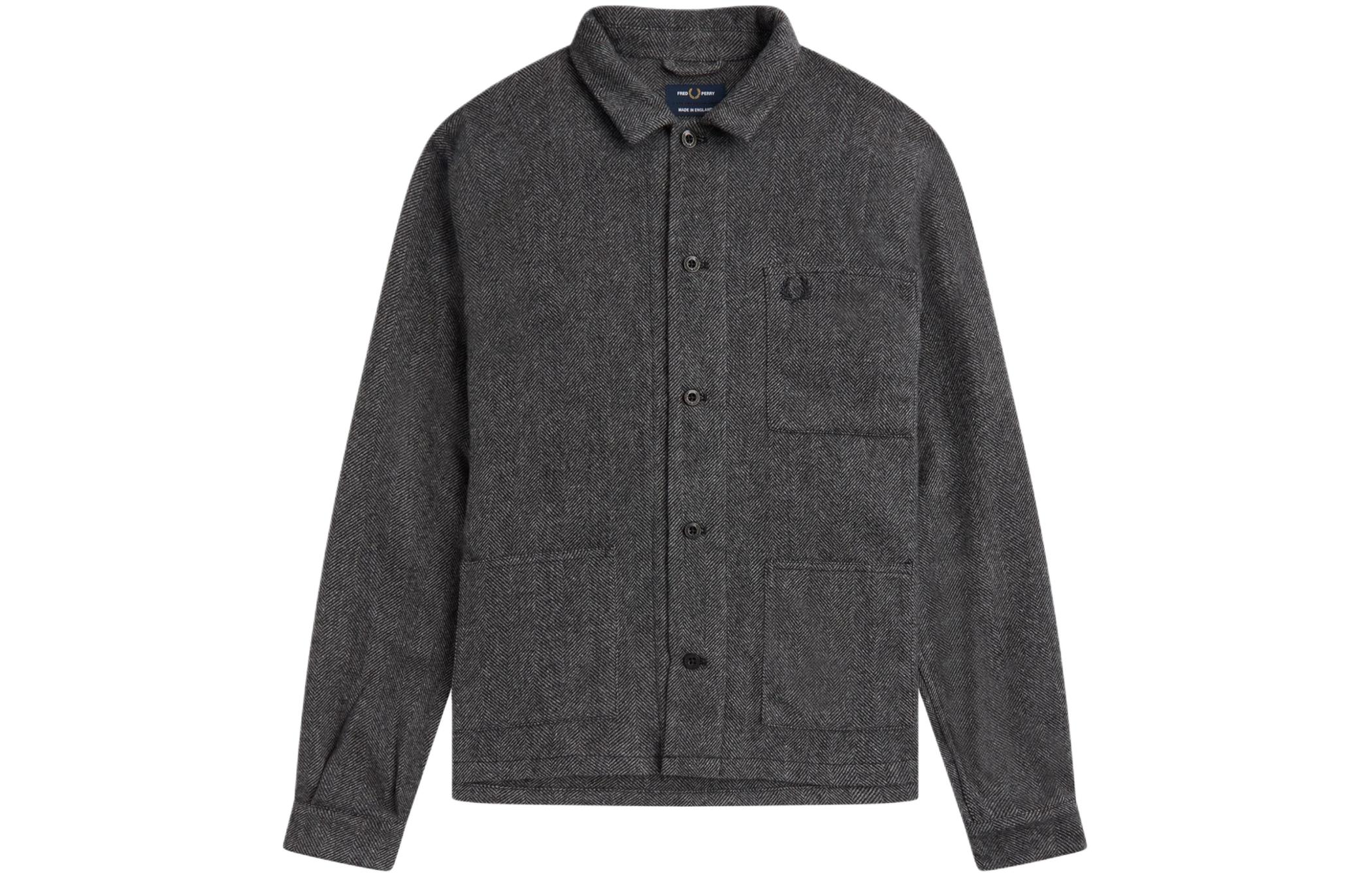 FRED PERRY Black Herringbone Logo Print Long-Sleeve Overshirt Jacket M4871-102