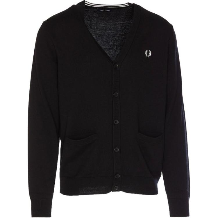 FRED PERRY Black V-Neck Embroidered Logo Knit Cardigan for Men K9551-102
