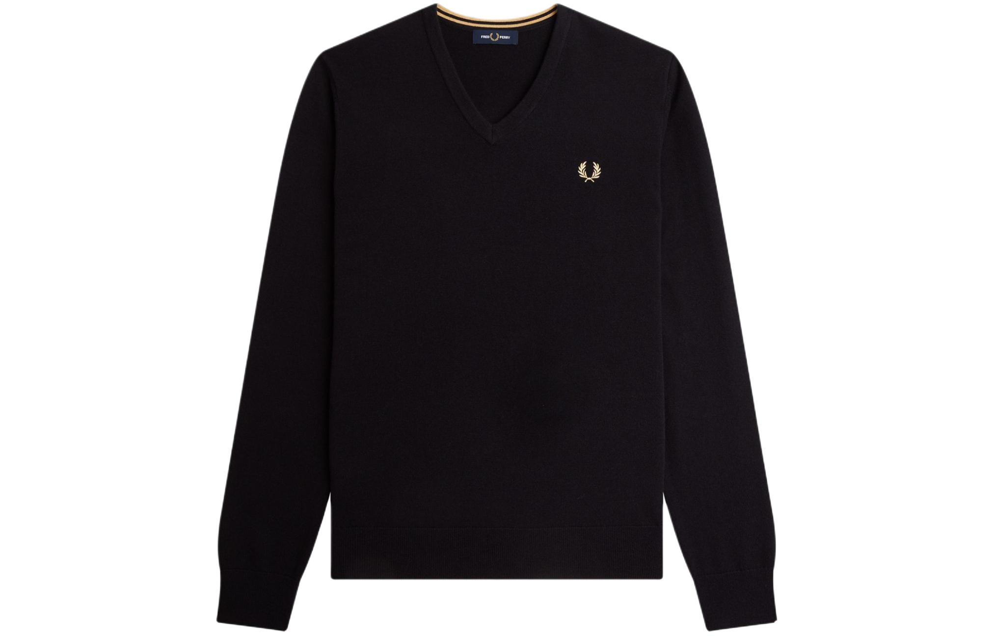 FRED PERRY Classic V-Neck Jumper Embroidered Logo Black Sweater K9600-198