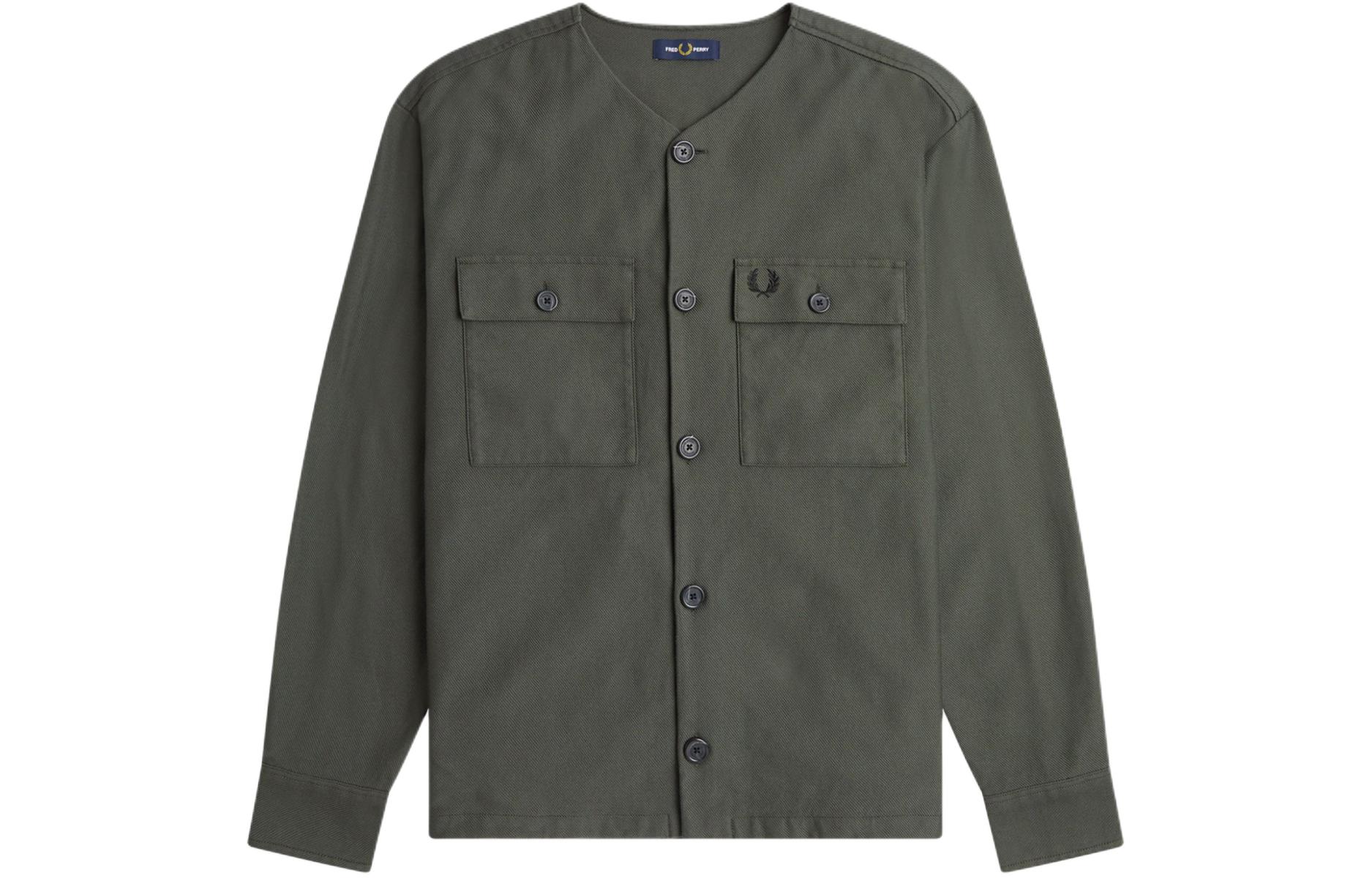 FRED PERRY Collarless Overshirt Logo Button-Up Jacket Men’s Dark Green M6628-638