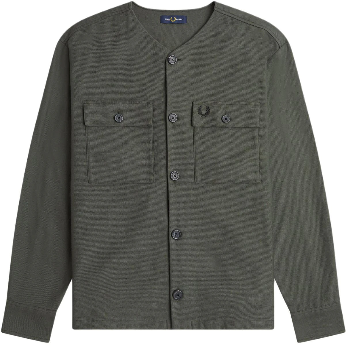 fred-perry-collarless-overshirt-logo-button-up-jacket-men-s-dark-green-m6628-638