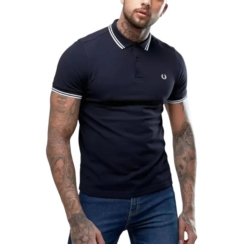 Fred Perry Embroidered Logo Double White Trim Polo Shirt Navy - M3600-NYA