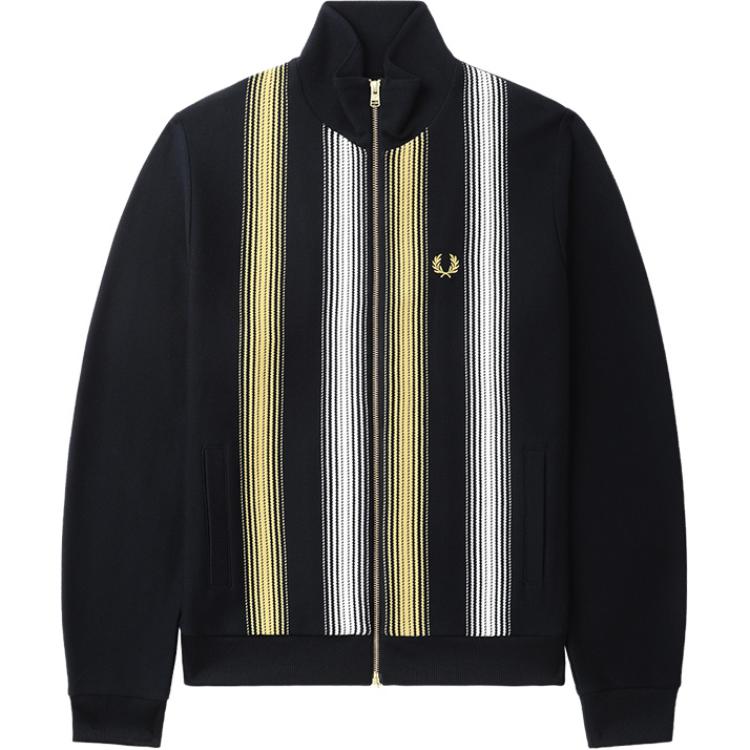 FRED PERRY FW24 Navy Blue Embroidered Laurel Stripe Zip-Up Jacket Mens. J8561-NYX