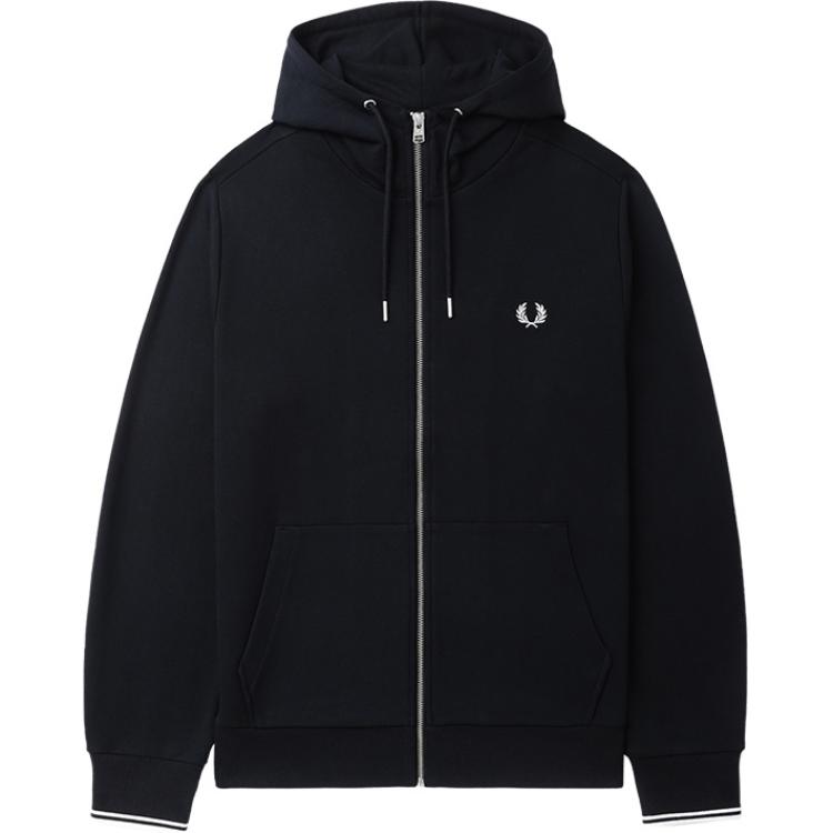 FRED PERRY FW24 Navy Blue Laurel Wreath Embroidered Hoodie Cardigan Men. J7536-NYX