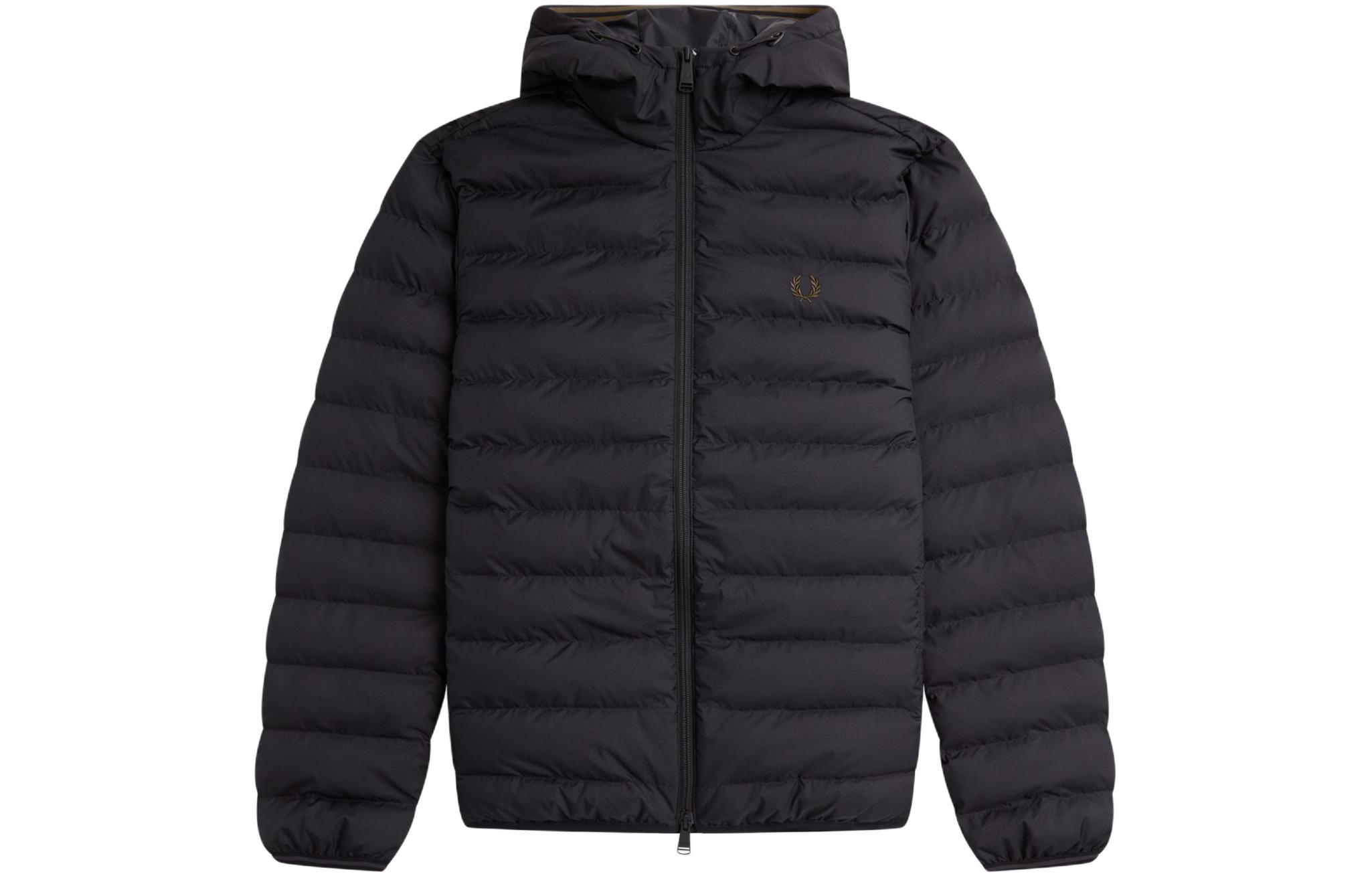 FRED PERRY Hooded Insulated Jacket Black Solid Logo Zipper Jacket Coat J4565-198