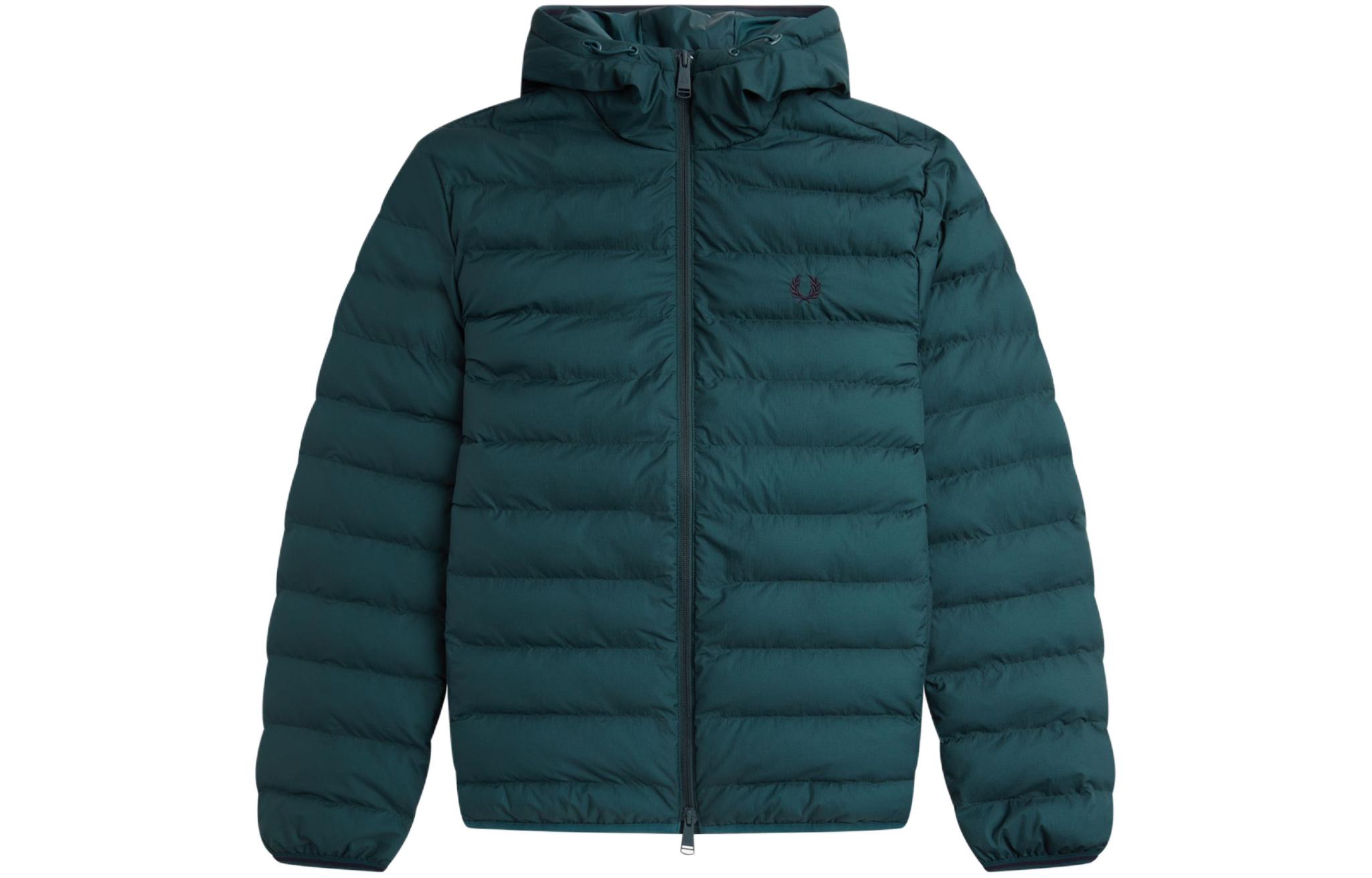 FRED PERRY Hooded Insulated Jacket Men’s Petrol Blue with Laurel Logo Print. J4565-257