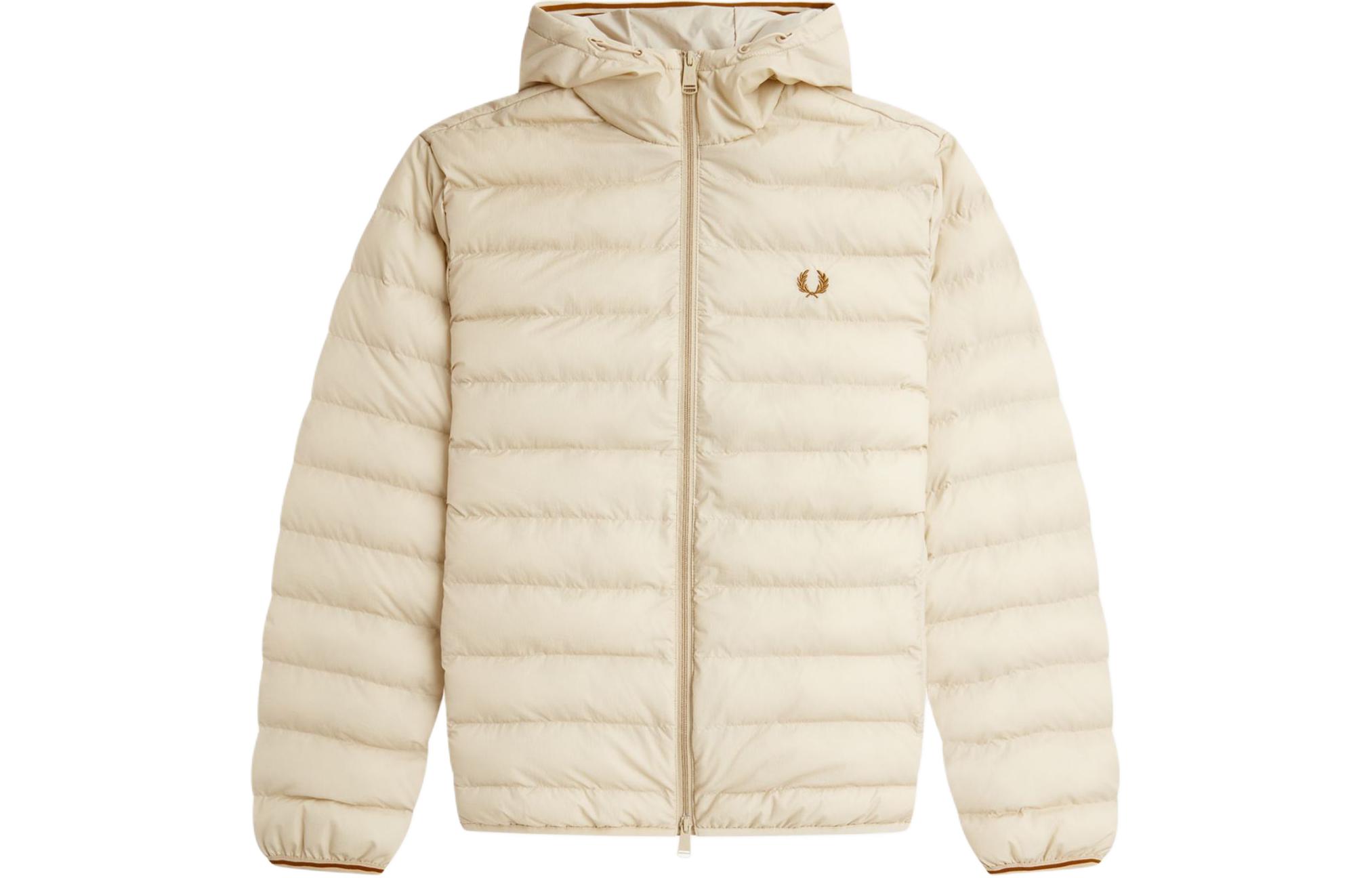 FRED PERRY Hooded Insulated Jacket Oatmeal Embroidered Wheat Logo Outerwear J4565-691