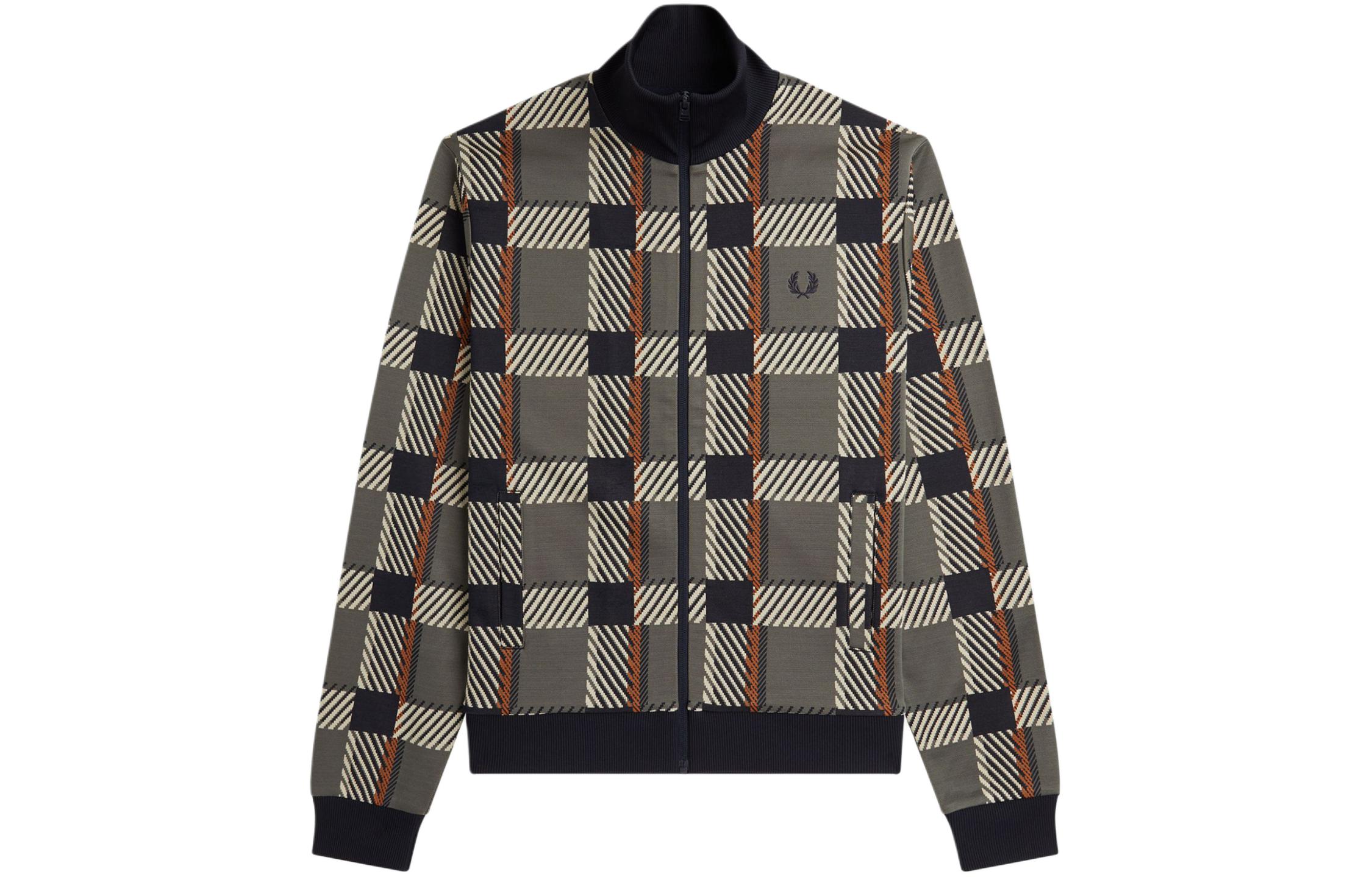 FRED PERRY Laurel Wreath Logo Checkered Zip High Neck Jacket Gray (). J6551-638