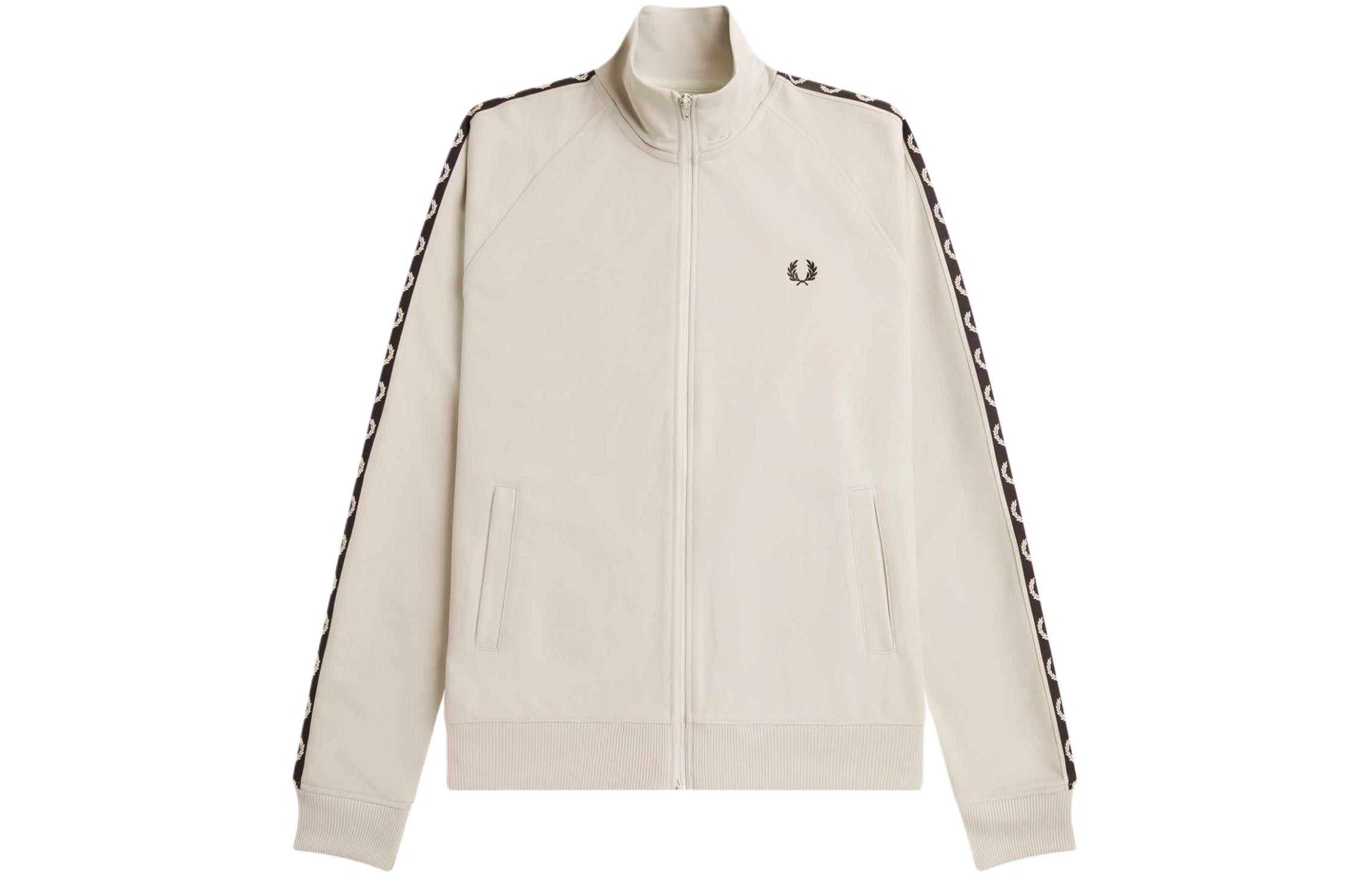 FRED PERRY Logo Print Zip-Up Jacket Beige Long Sleeve Outerwear. J5557-S68