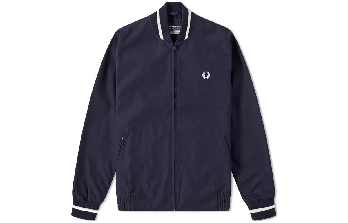 FRED PERRY Navy Logo Print High-Neck Zip-Up Jacket. J3174-635