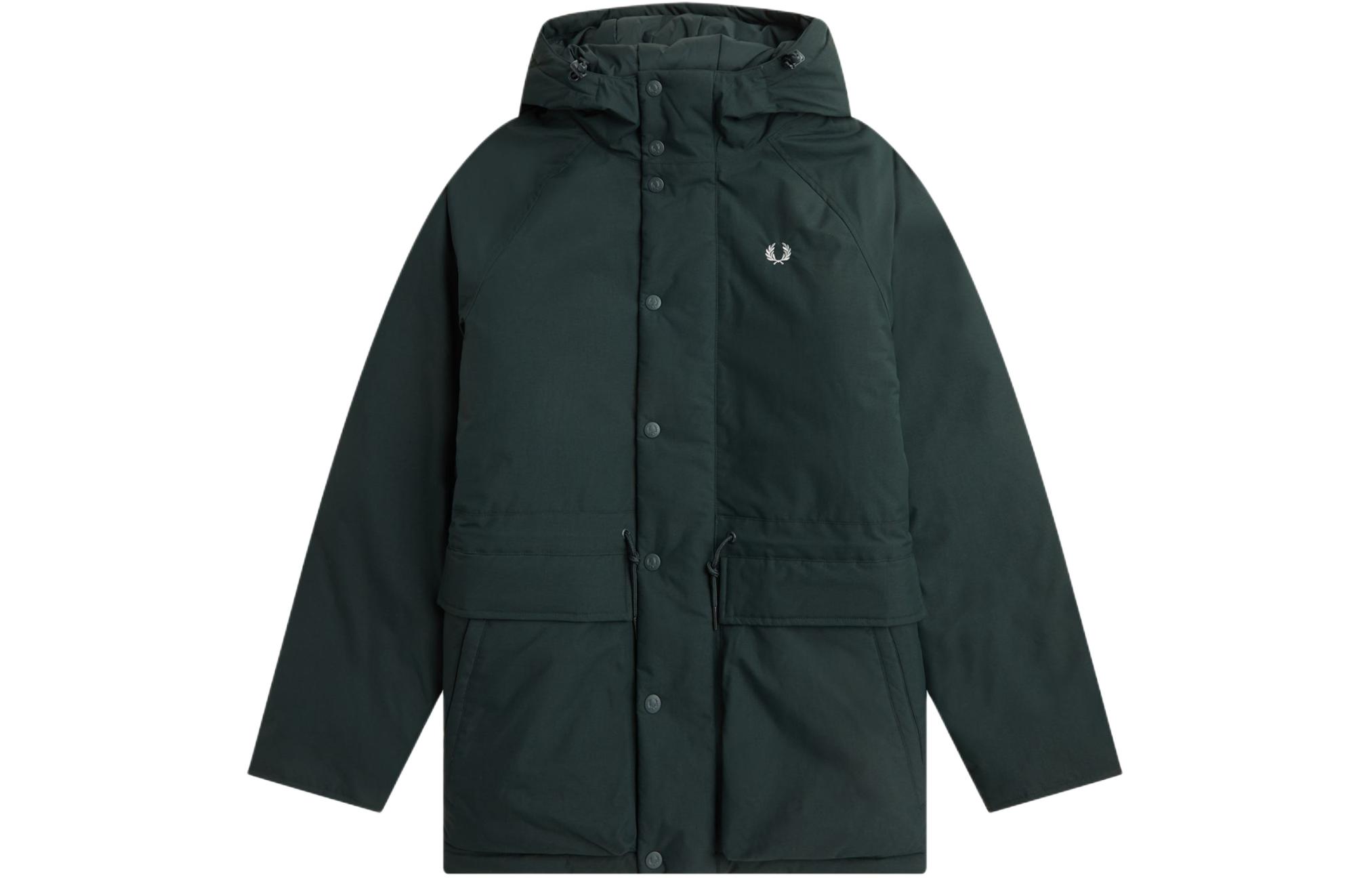 FRED PERRY Padded Zip Hoodie Jacket Dark Green Classic Logo Outerwear. J6516-Q20