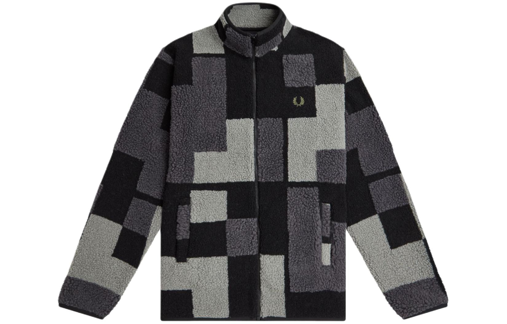 FRED PERRY Pixel Borg Fleece Wheat Logo Checkered Zip Jacket BLACK M6570-102