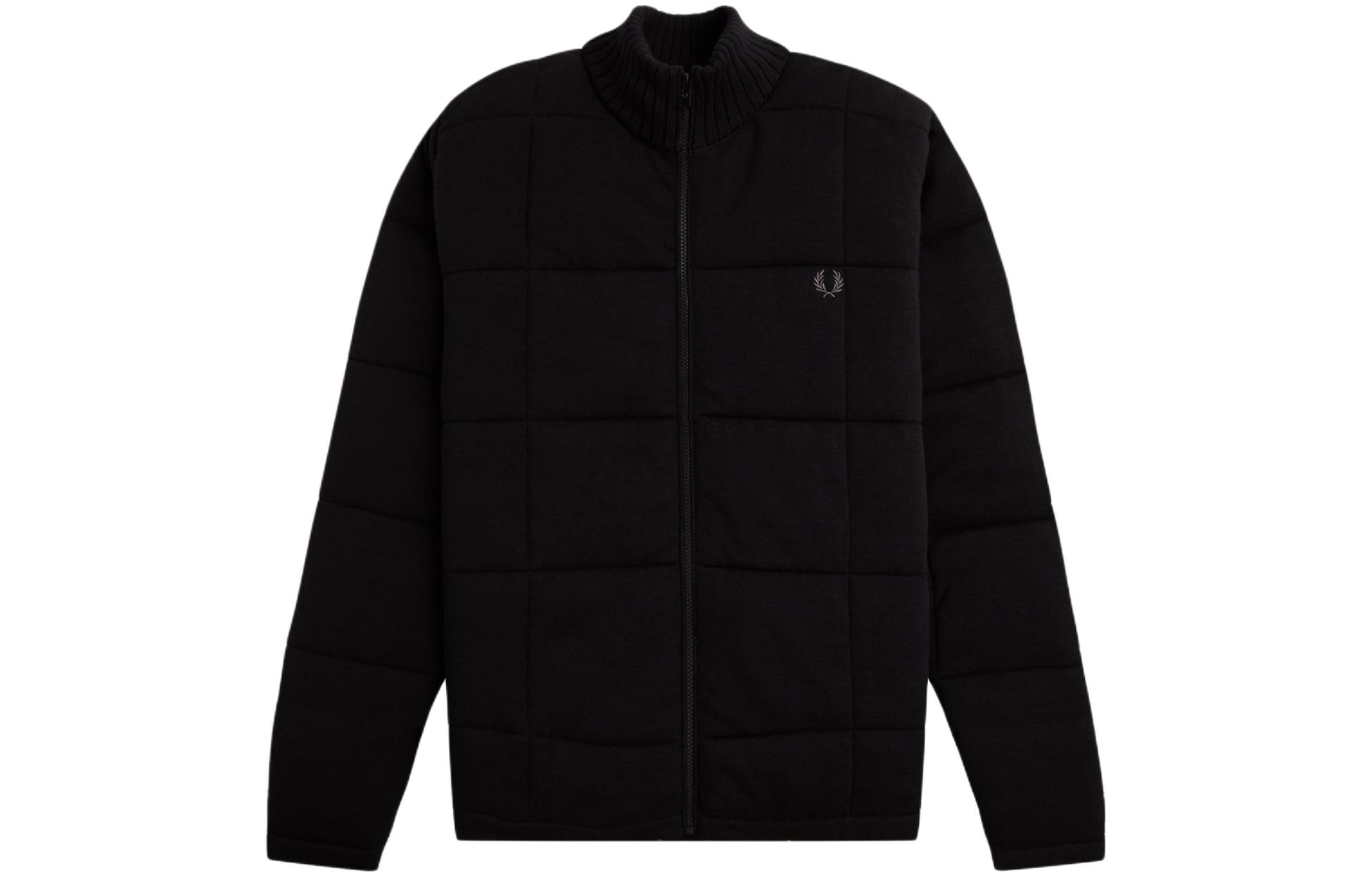 FRED PERRY Quilted Knitted Jacket Black - Classic Embroidered Logo Zip-Up Menswear J6554-102