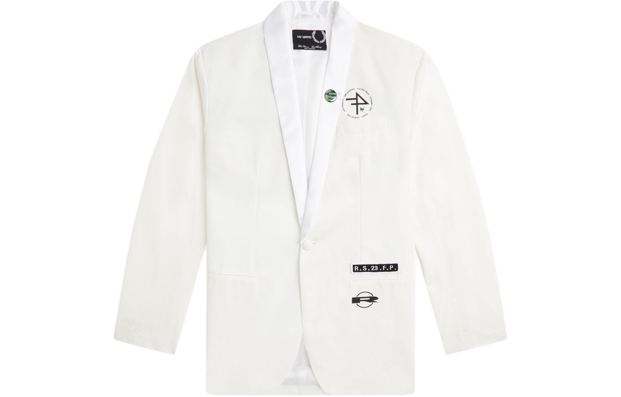 FRED PERRY Shawl Collar Blazer White Jacket with Laurel Wreath Logo Print SJ4227-100