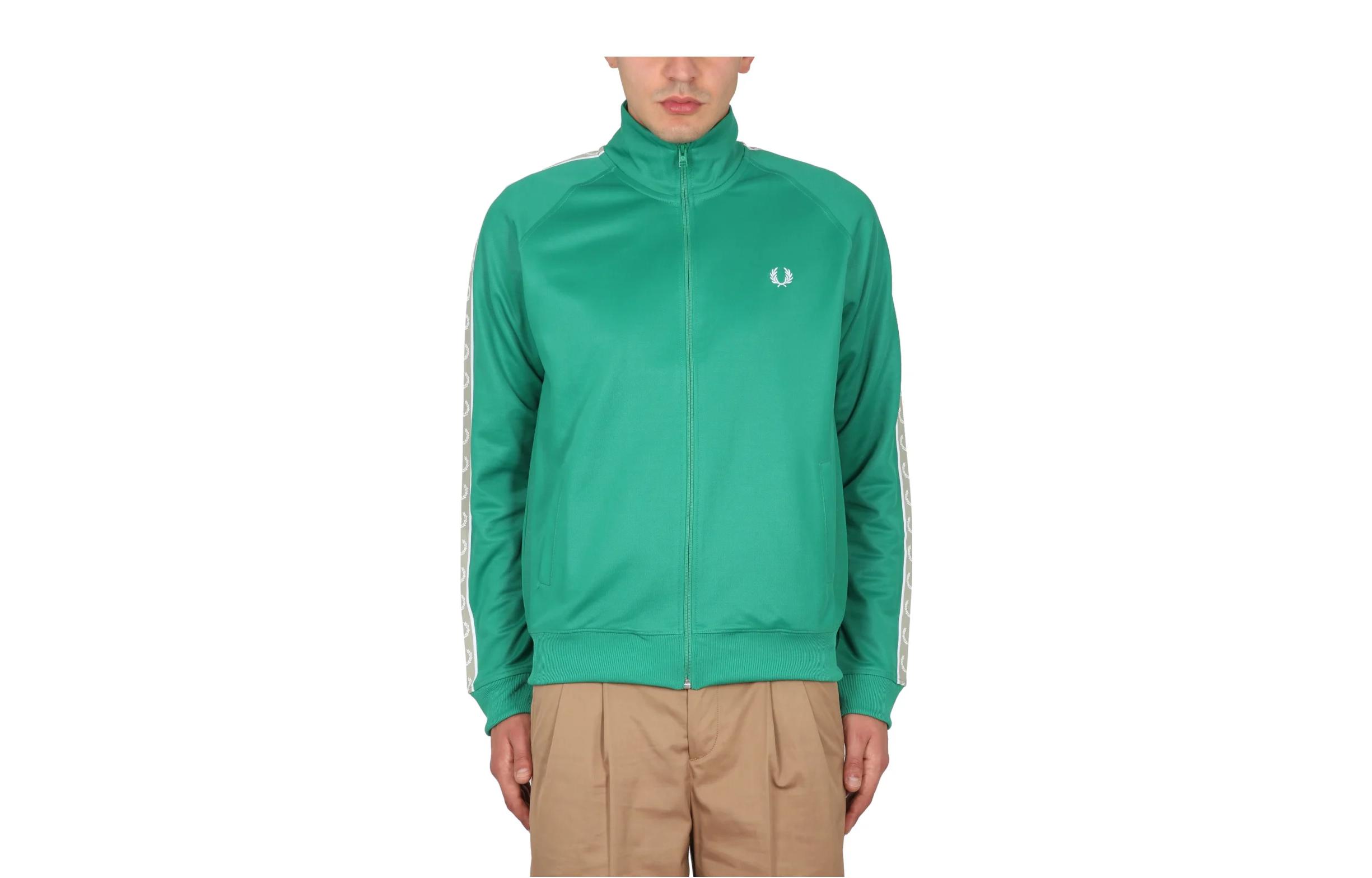 FRED PERRY SS23 Logo Print Zip-Up Jacket Green - Casual Outerwear FPJ5557S20
