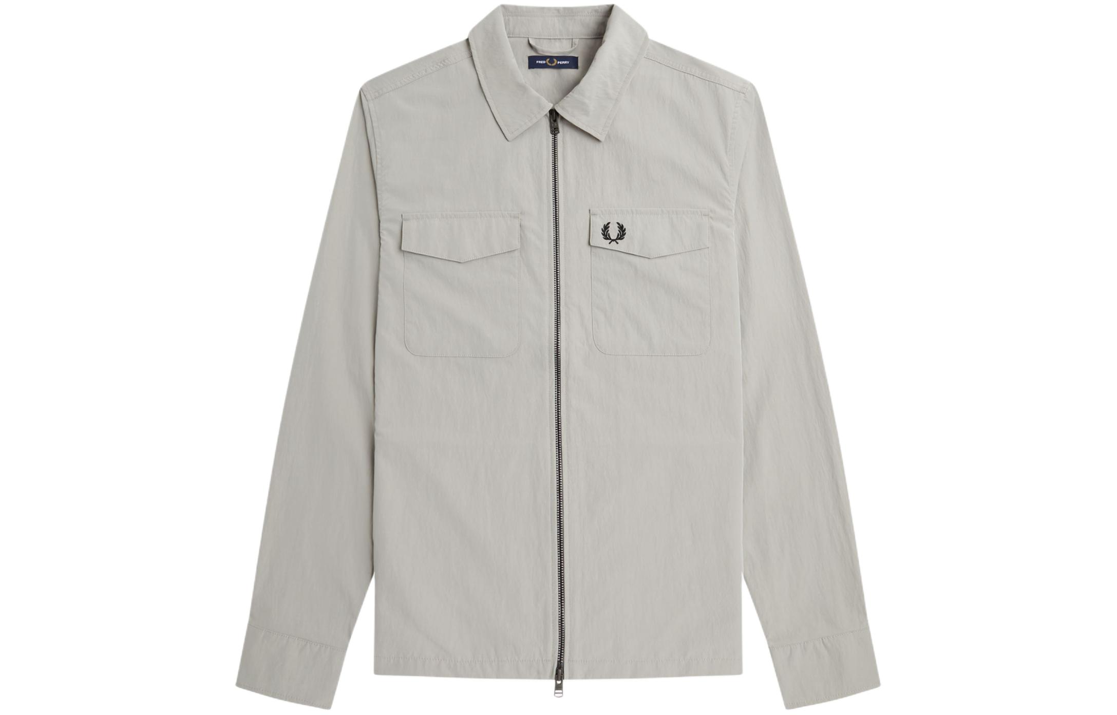 FRED PERRY Textured Zip-Through Jacket Grey - Wheat Logo, Slim Fit Overshirt M5684-181