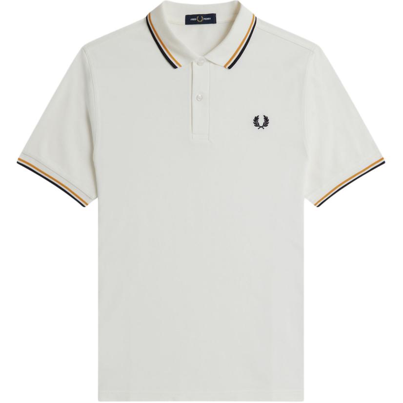 Fred Perry White Embroidered Laurel Logo Contrast Cuff Short Sleeve Polo Shirt Men M3600-P36