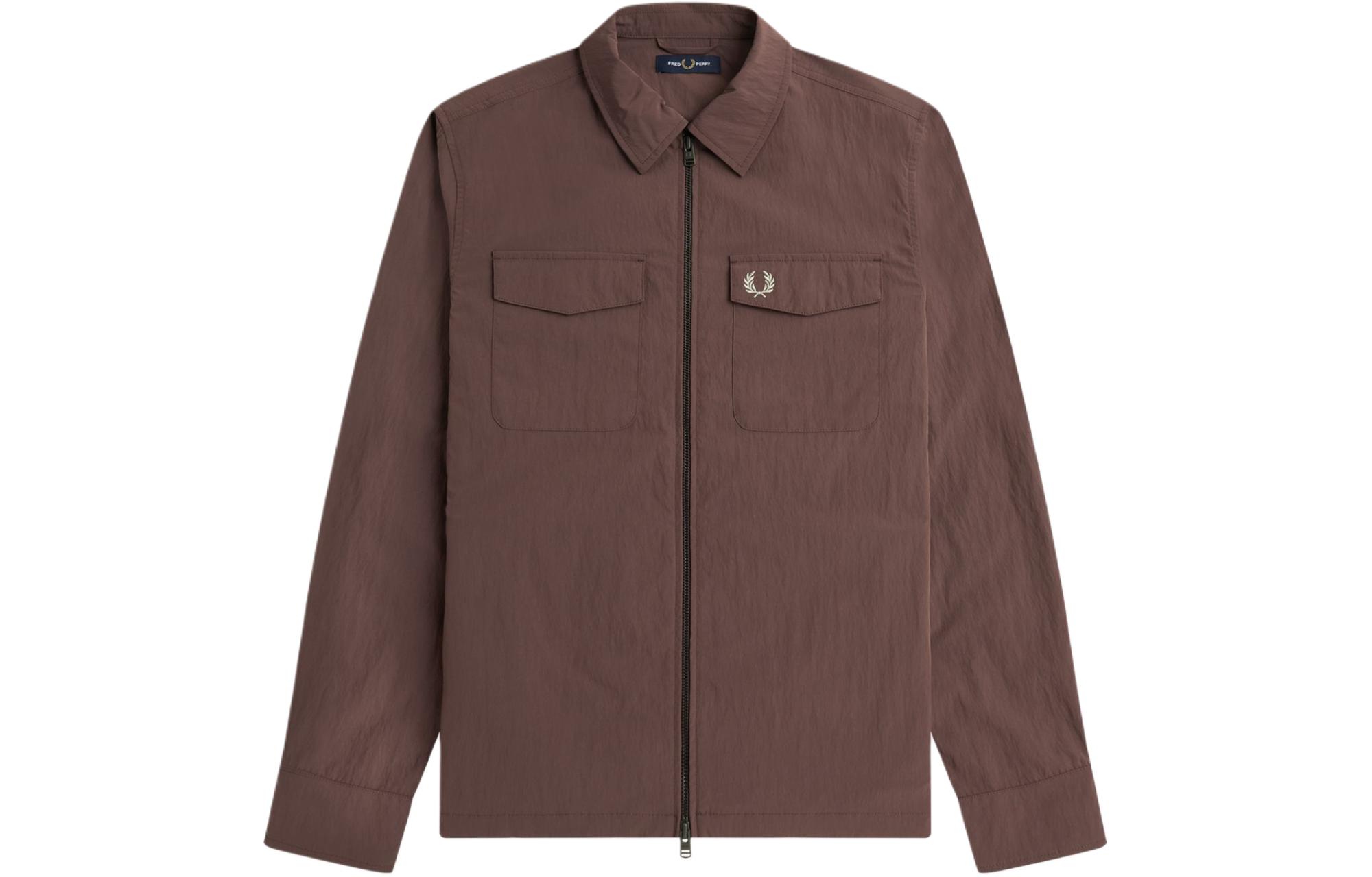 FRED PERRY Zip Overshirt Brown Jacket with Laurel Logo and Collar Design M5684-U53