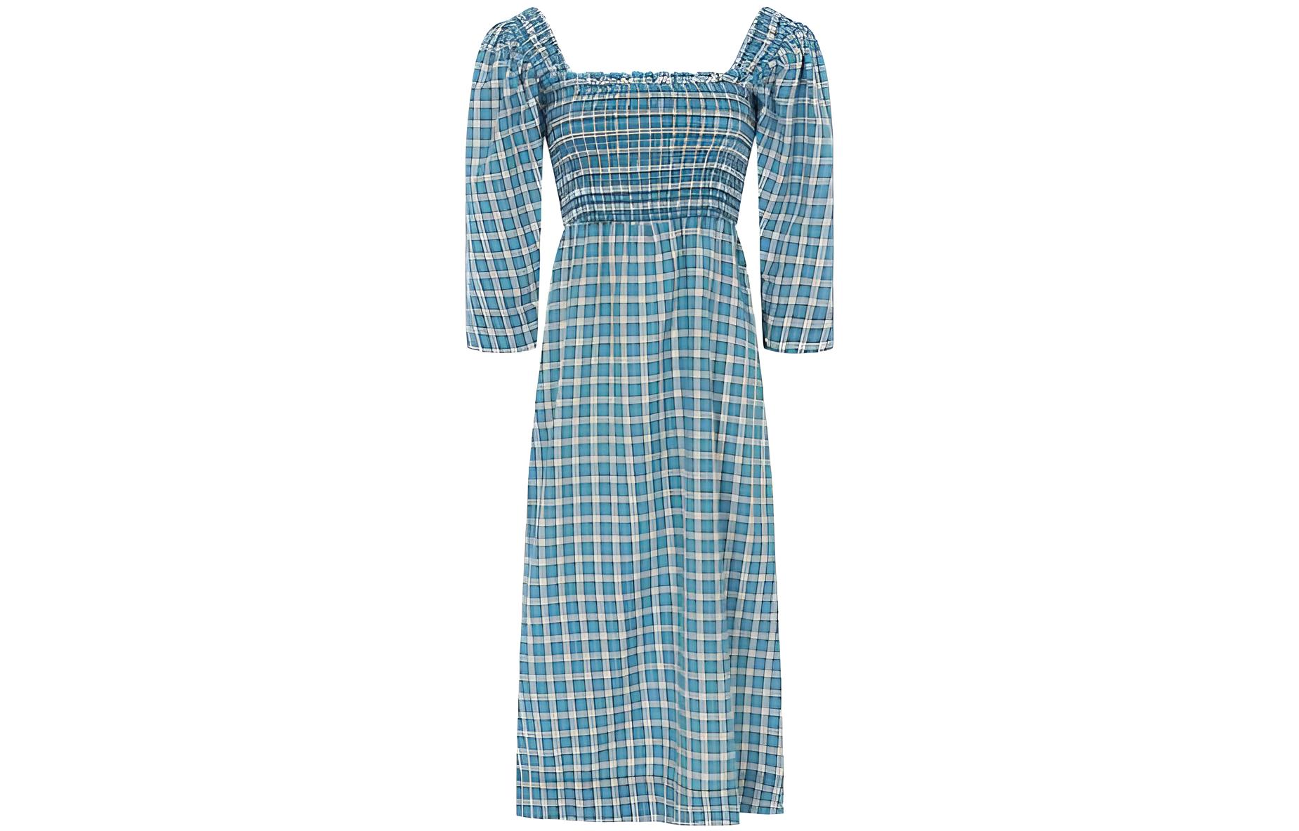 GANNI Blue Checkered Puff Sleeve Ruched Waist Short Dress F68546482244