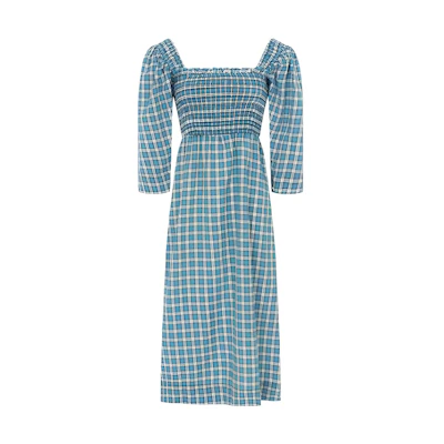 GANNI Blue Checkered Puff Sleeve Ruched Waist Short Dress F68546482244