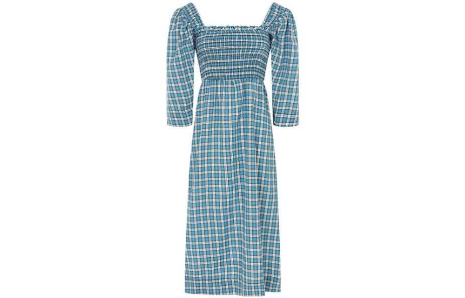 GANNI Blue Checkered Puff Sleeve Ruched Waist Short Dress F68546482244 圖 2