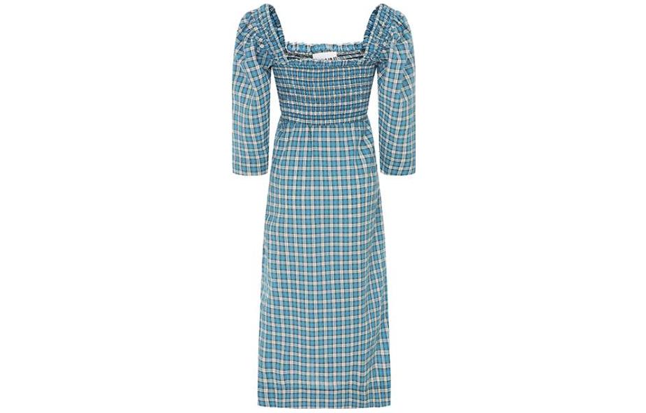 GANNI Blue Checkered Puff Sleeve Ruched Waist Short Dress F68546482244 圖 3