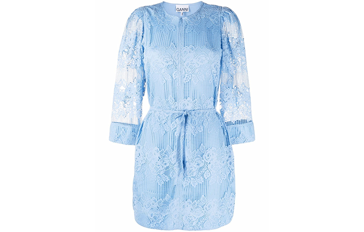 GANNI FW21 Lace Panel Long-Sleeve Midi Dress Blue F6695-594
