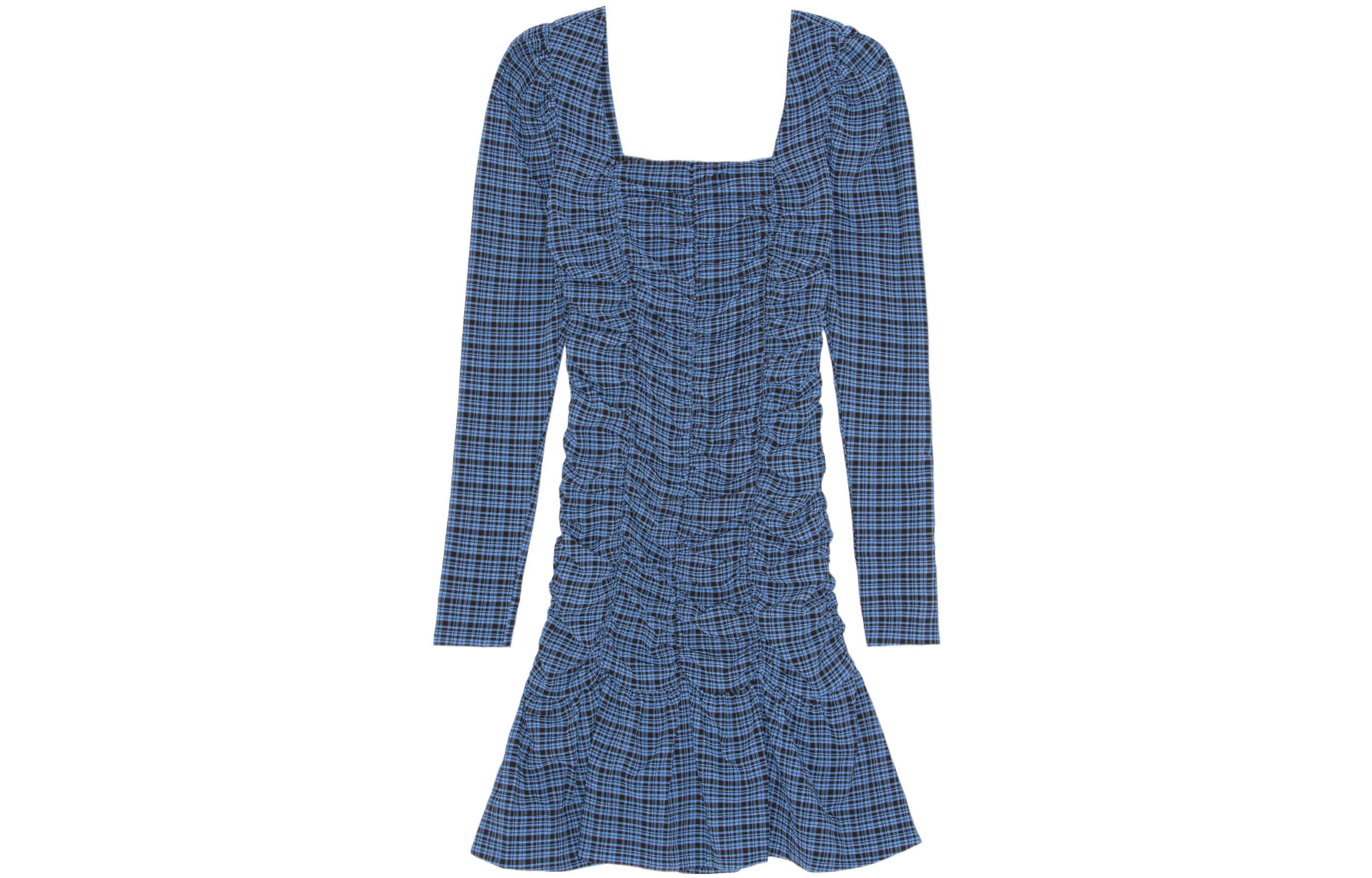 GANNI FW22 Blue Long Sleeve Bubble Ruffle Dress. F7257