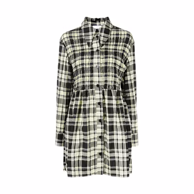 GANNI FW22 Green Checkered Smocked Puff-Sleeve Long Shirt Dress F7292330