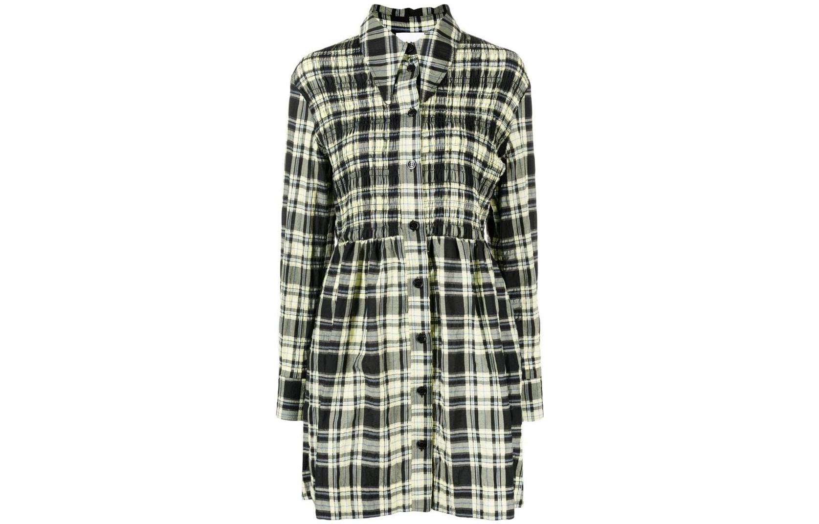 GANNI FW22 Green Checkered Smocked Puff-Sleeve Long Shirt Dress F7292330 圖 2