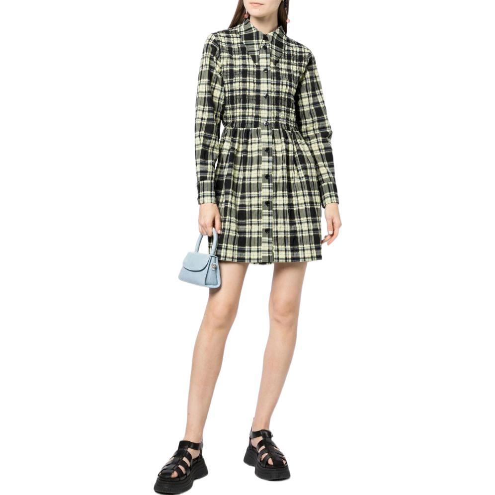 GANNI FW22 Green Checkered Smocked Puff-Sleeve Long Shirt Dress F7292330 圖 3