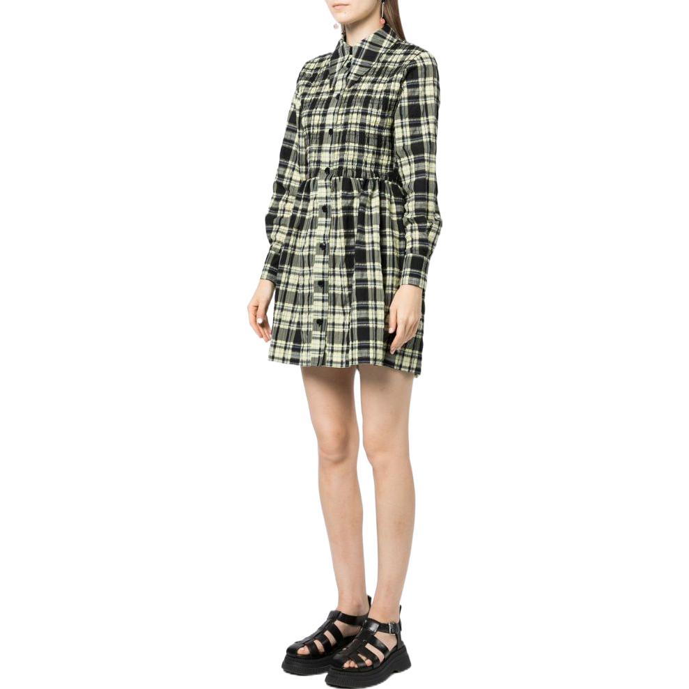 GANNI FW22 Green Checkered Smocked Puff-Sleeve Long Shirt Dress F7292330 圖 4