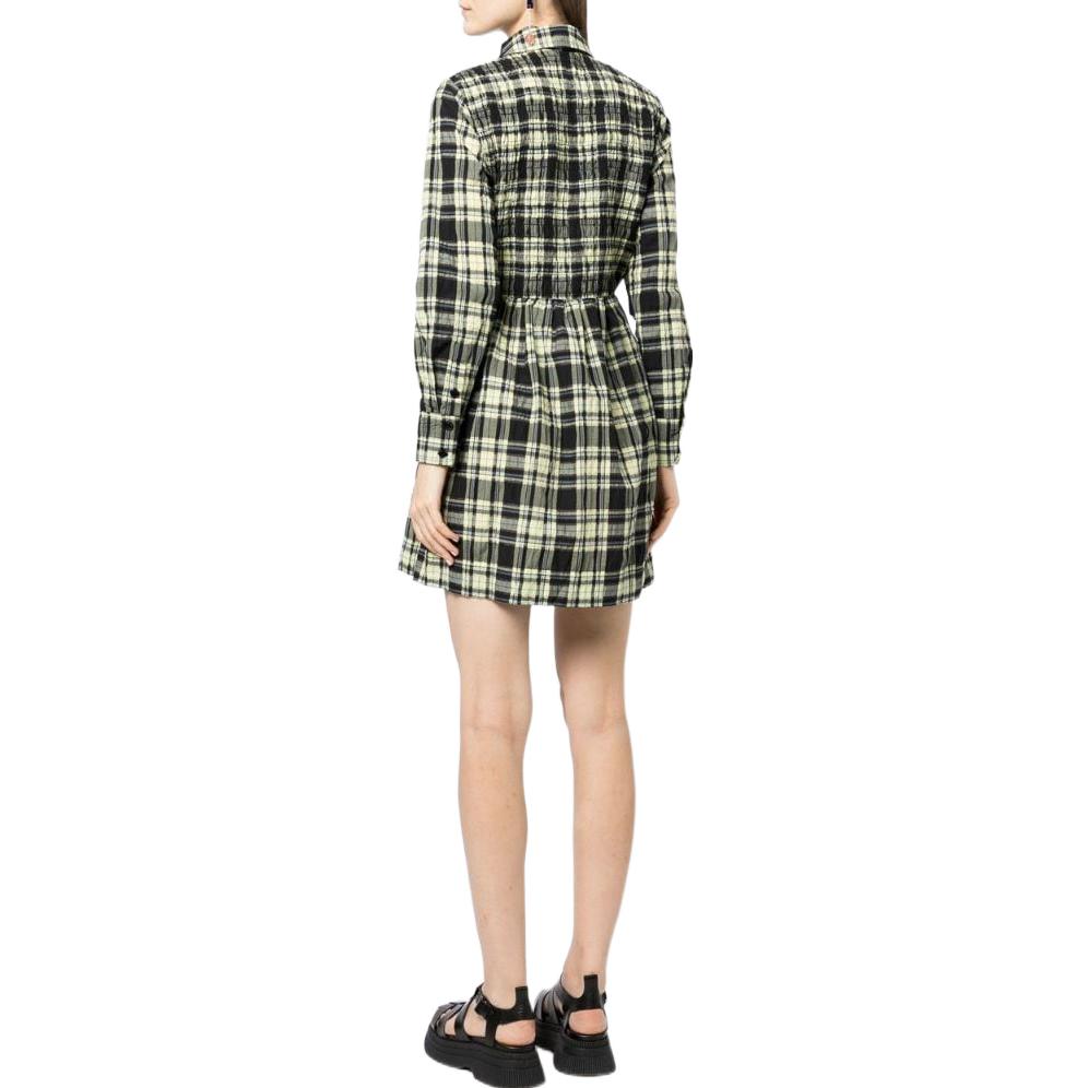 GANNI FW22 Green Checkered Smocked Puff-Sleeve Long Shirt Dress F7292330 圖 5