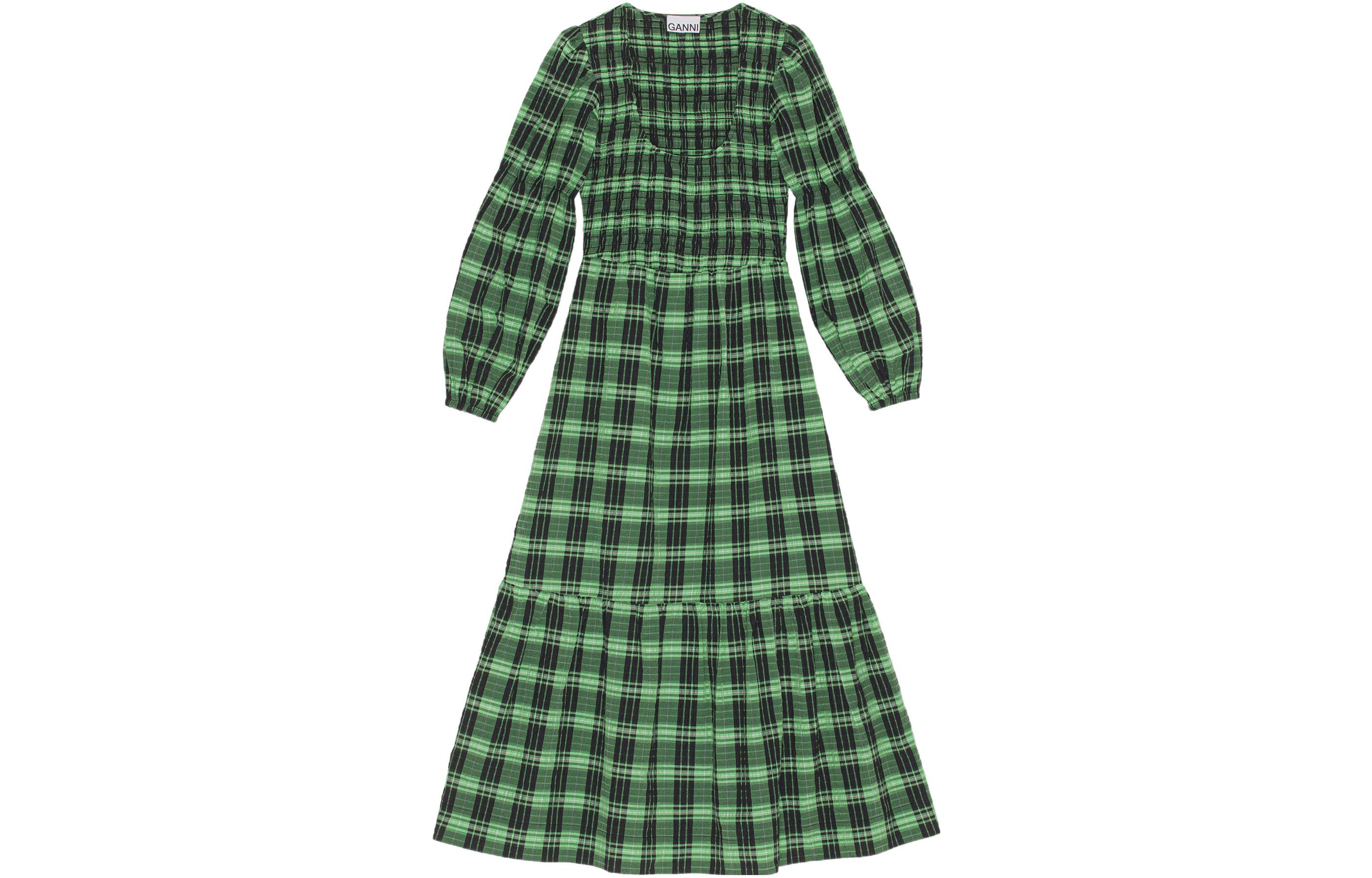 GANNI FW22 Green Plaid Cottagecore Long-Sleeve Dress F7537-484