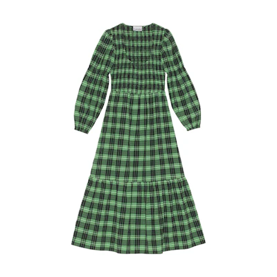 GANNI FW22 Green Plaid Cottagecore Long-Sleeve Dress F7537-484