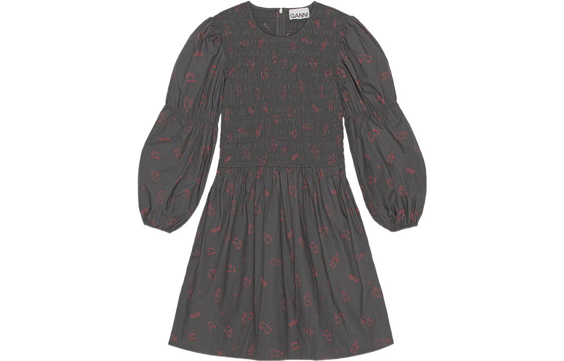 GANNI FW22 Lunar New Year Capsule Rabbit Print Short Sleeve Dress - Volcanic Gray F7833-490