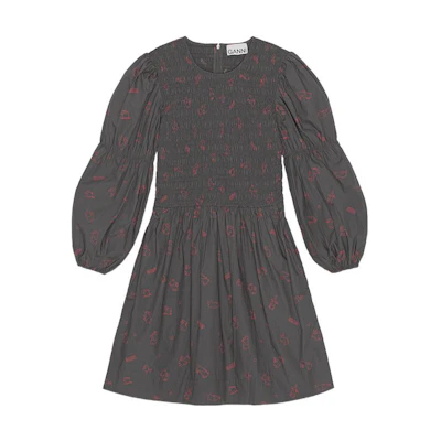 GANNI FW22 Lunar New Year Capsule Rabbit Print Short Sleeve Dress - Volcanic Gray F7833-490