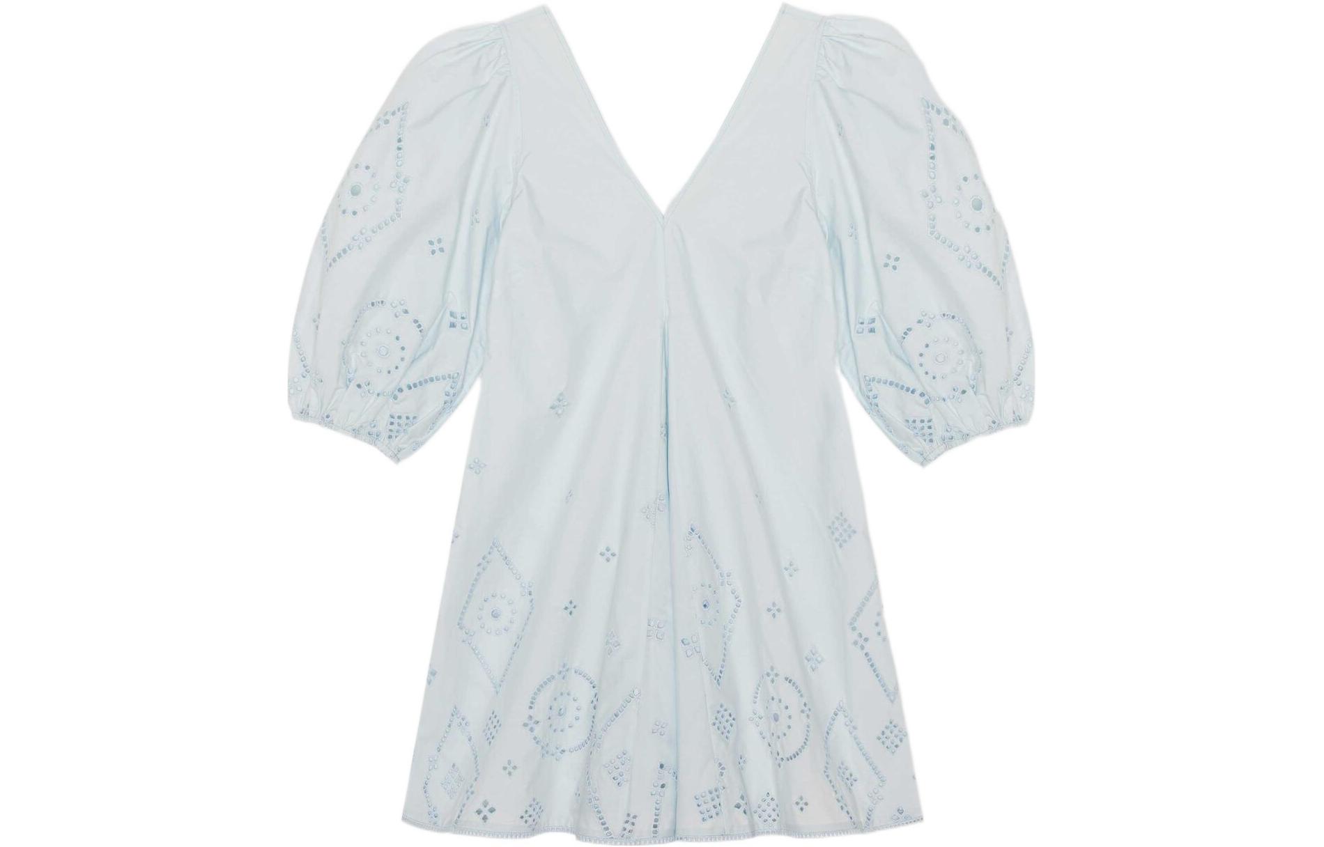 GANNI SS22 Blue V-Neck Lace Detail Short-Sleeve Mini Dress. F7236-628-1