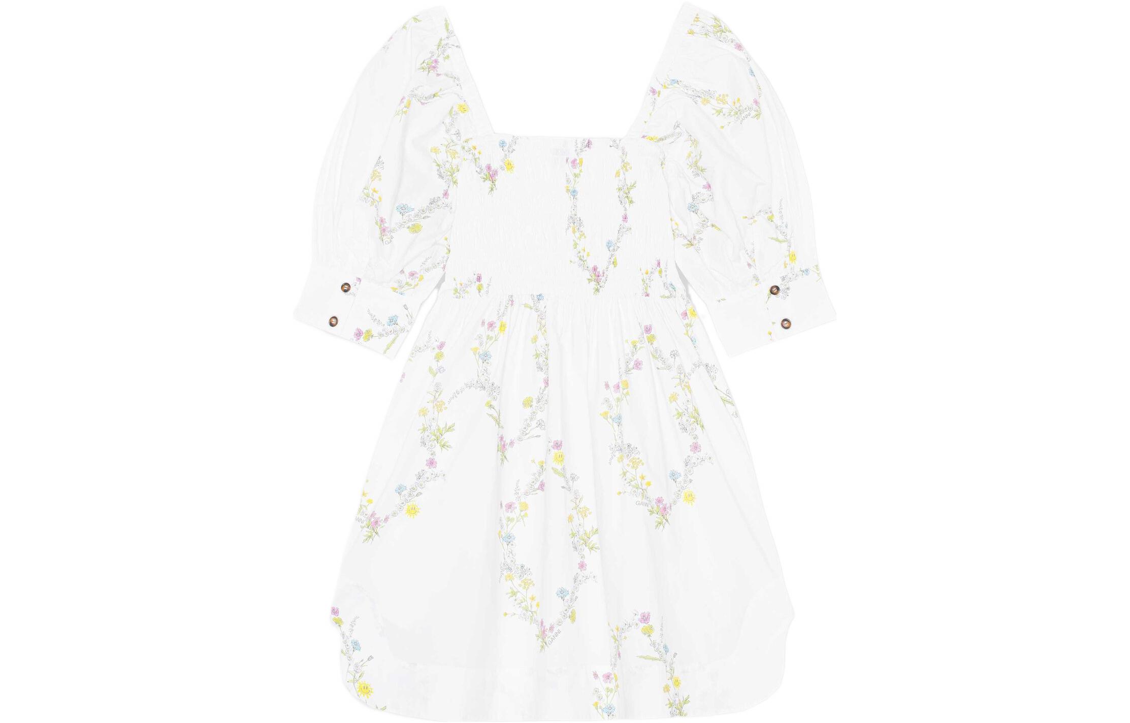 Order 가니 SS22 플로럴 스퀘어넥 반소매 드레스 화이트 F7227-287