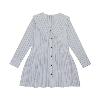 GANNI Striped Peter Pan Collar Cropped Long Sleeve Dress Ice Water Blue F8633495