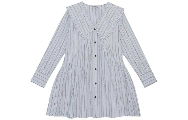 Order 가니 스트라이프 피터팬 칼라 크롭 롱슬리브 드레스 아이스 워터 블루 F8633495