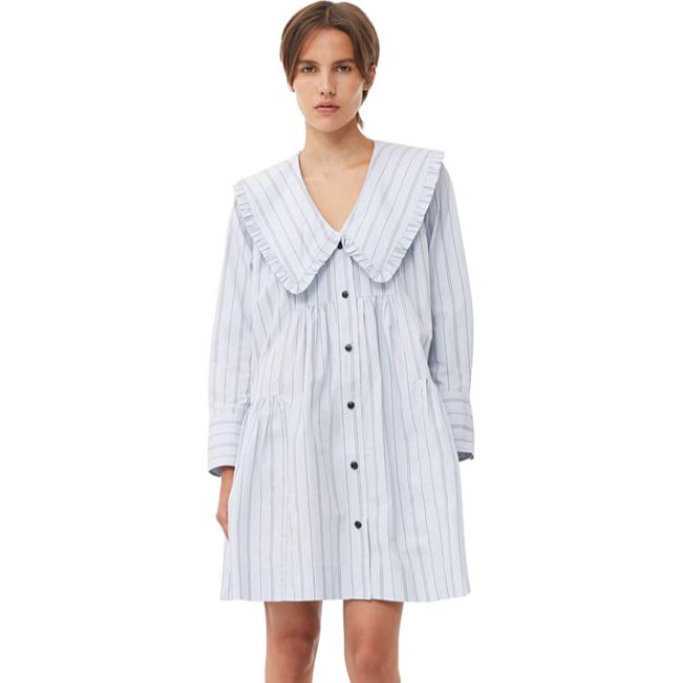 Lookbook 가니 스트라이프 피터팬 칼라 크롭 롱슬리브 드레스 아이스 워터 블루 F8633495