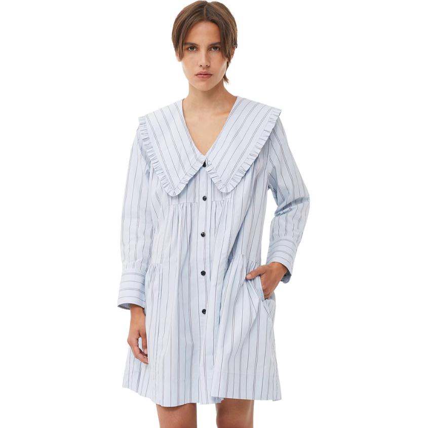 Shop 가니 스트라이프 피터팬 칼라 크롭 롱슬리브 드레스 아이스 워터 블루 F8633495