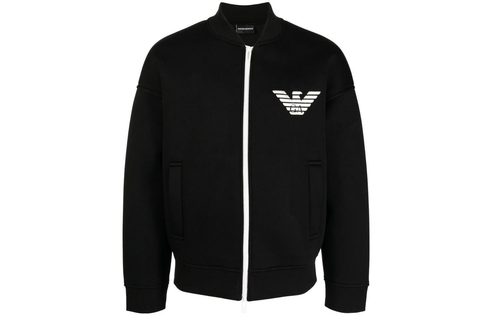 Order Giorgio Armani Jaket Hitam Zip-Up dengan Cetakan Huruf dan Kolar Tegak. 6L1MM3-1JUWZ-0999